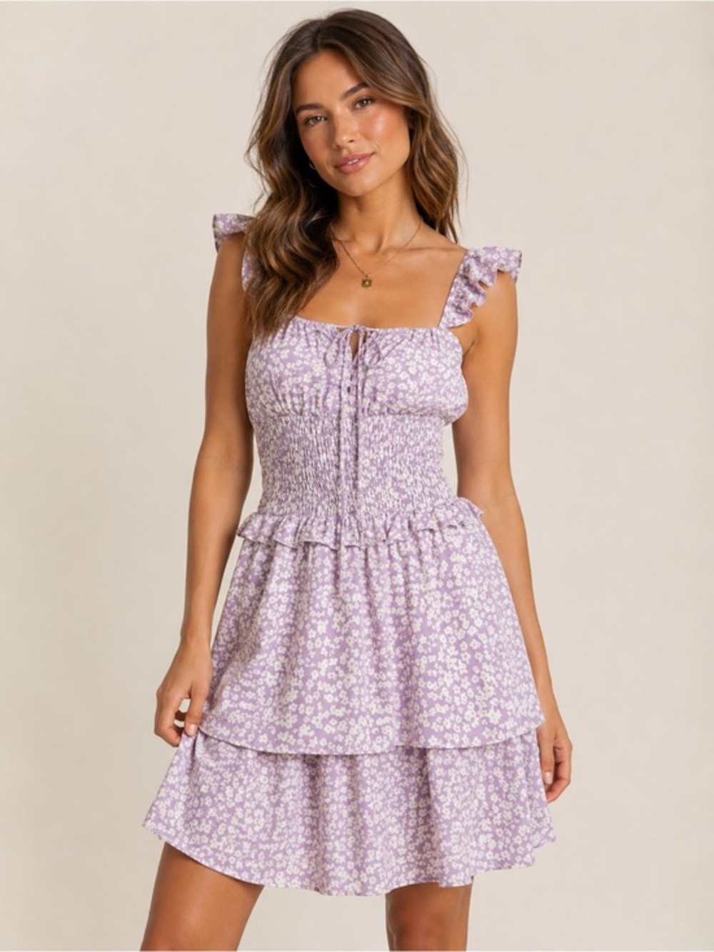 Room Service Lavender Floral Ruffle Mini Dress with Smocked Waist size L